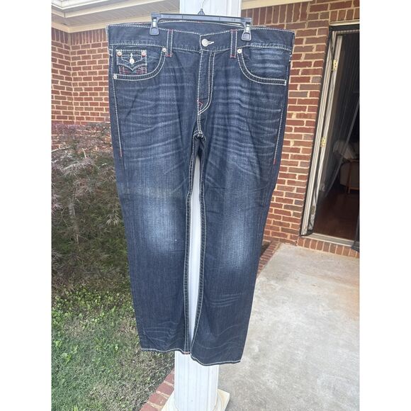 True Religion Jeans Mens 42 Slim Flap Big T Red Stitch Straight Denim 42x32 - Picture 1 of 16